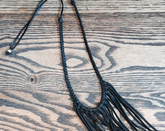 The Scarlett - long braided leather with soft leather fringe necklace