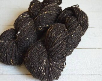 Black Finn Wool, Silk Noil, Textured 2 Ply Worsted Weight Hand Spun Yarn