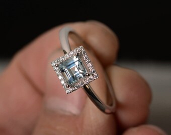 Natural Aquamarine Ring March Birthstone Ring Square Aquamarine Ring Sterling Silver