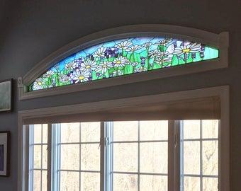 Stained Glass Window Panel--Daisy and Lavender Transom -13.75" x 87.25"