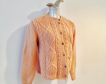 Vintage 1970's Cable Knit Wool Sweater / Size Medium Fishermans Cardigan Button Up Boho Ski Sweater