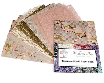 Decorative Japanese Washi Paper Pack in Blush Pink and Yellow Designs - 12 Sheets
