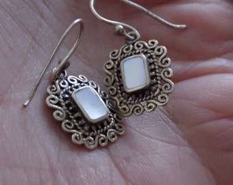 Vintage earrings, scrolled and granulated silver and MOP drop earrings