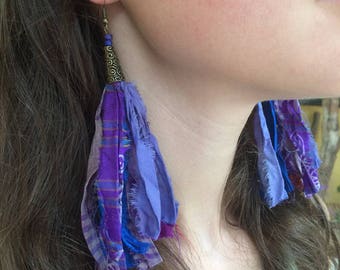 Purple Sari Silk Festival Tassel Earrings, Long Purple Boho Tassel Earrings, Bohemian Tassel Earrings, Festival Earrings, Sari Silk Earrings
