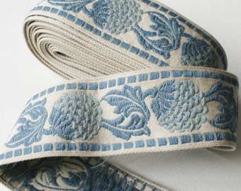 Vintage Upholstery Ribbon Trim Berry Leaf Design Dusky Pale Blues
