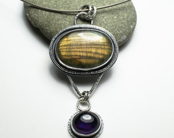 Orange Sherbet Labradorite and Amethyst Guardian Sterling Silver Detachable Pendant Face