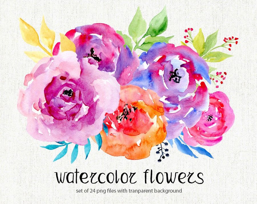 Download Watercolor floral clipart: 24 bright Branches Flowers