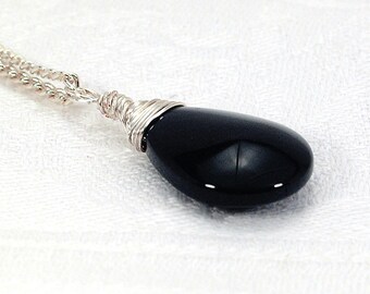 Black Glass Pendant Necklace, Wire-Wrapped Black Pendant, Black Teardrop Pendant On Silver-Plated Chain