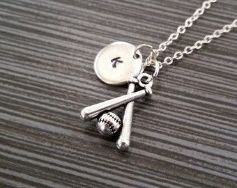 Silver Baseball Necklace - Baseball Bat Necklace - Personalized Necklace - Custom Initial Necklace - Softball Necklace - Sports Necklace