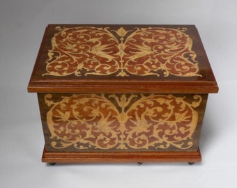 Very Elegant Vintage 50s Marquetry Inlaid Wood Musical Mechanical Cigarette Dispenser