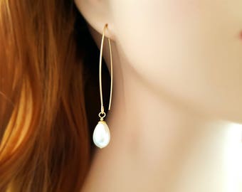 Teardrop Pearl Earrings - Long Drop Earrings - Dangle Pearl Earrings - Gold Pearl Drop Earrings - Pearl Bridal Jewelry - Modern Pearls E4233