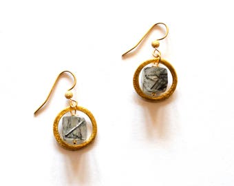 Black White and Gold Hoop Earrings / 14k Gold Filled Geometric Earrings with Cube Rutilated Quartz Gemstones and Vermeil Gold Hoops