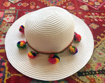 White Pom Pom Hat - Summer Hat - Sun Hat - Boho Hat - Straw Hat - Beach Hat - Bucket Hat - Medium Hat - Wide Brim Hat - Vacation Hat