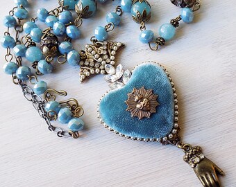 Ex Voto Heart Necklace - Sacred Heart Pendant - Catholic Jewelry - Milagro Heart Necklace - Ex Voto - Aqua Heart Necklace - French Blue