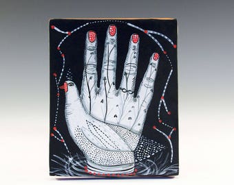 Wall Hanging Original Painting on a Ceramic Tile by Jenny Mendes - A Bird In Hand