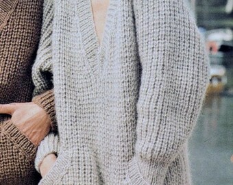 Instant Download PDF Knitting Pattern - Ladies or Mens SLOPPY JOE Oversized Chunky Long Sleeve V Neck Sweater with Pockets Bust 34-42