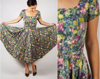 1950's Dress - 50's Fruit Print Dress - Cotton Full Circle 50's Dress - Size S/M