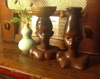 Vintage Vases African Lady and Man Nubian Head Vases Americana 1950s