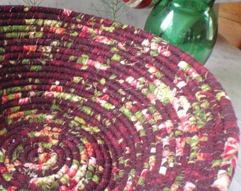 Burgundy and Pink Winter Floral Coiled Fabric Basket - LARGE - Organizer, Catchall, Handmade by Me