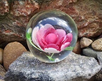 Vintage art glass pink azalea paperweight