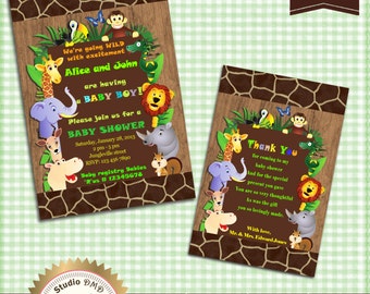 Safari Baby Shower Invitation and Thank You Card, Jungle Animal Theme, Printable Invite for Baby Boy, It's a Boy - Digital file