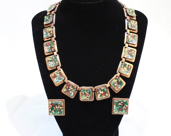 Vintage MATISSE RENOIR Copper Necklace and Clip On Earrings SET, Green Red Yellow Enamel, Signed Matisse Necklace and Earrings