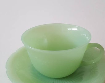 Fire king jadeite Alice teacup and saucer/green/coffee cup/mid century/1960's