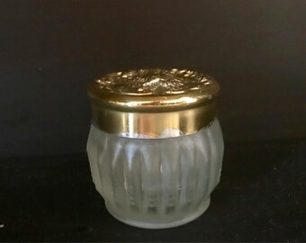 Vintage Estee Lauder Frosted Glass Makeup Jar, 1970s Vanity, Re-Nutriv Souffle, Golden Gold Lid Cap, 70s Boudoir Hollywood Glamour Regency