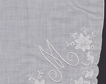 Embroidered Hankie White Monogram Handkerchief Letter M