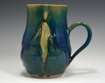 14 oz stoneware Mugs, Handmade Pottery Mugs, Green Blue Mug.