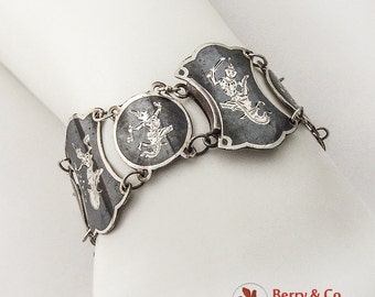 Ornate Thai Dancer Niello Link Bracelet Sterling Silver 1930 Siam