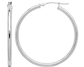 14K White Gold Classic Hoop Earrings - 3MM Wide , 1.25 - 2.5 inches diameter