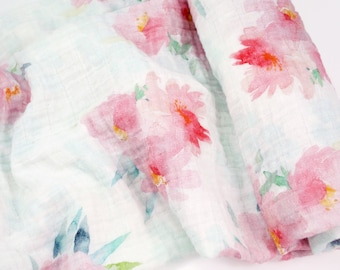 Muslin Swaddle Blanket in Pink Floral Blooms - made from 100% cotton double gauze - 45" square