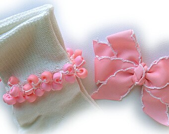 Kathy's Beaded Socks - Pink and White Crochet Beaded Socks, girls socks, school socks, pink socks, Easter socks, pony bead socks
