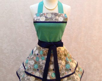 Retro Chic Women's Apron in Gray and White Floral with Teal and Navy Accents Flirty Women's Housewife Apron - Ready to Ship