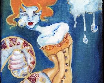 SALE! Lowbrow Art Little Tears - Snake Girl in a Corset ORIGINAL acrylic painting by Ela Steel surreal bizarre strange dark gothic depressed