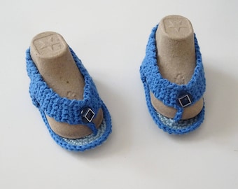 Cotton baby thongs, baby sandals, baby slippers, baby shoes, blue thongs, birth gift, summer accessories, handmade thongs, baby flip-flops