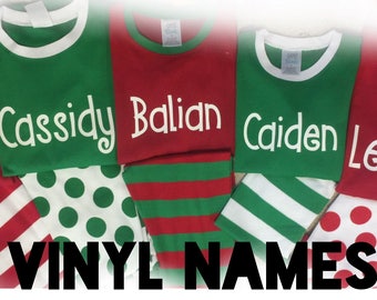 Family Christmas pajamas top and pants sets Add a name monogram or appliqué red green white stripes polka dots embroidered vinyl personalize