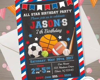 ALL STAR SPORTS Invitation, All Star Invitation, Sports Invitation, Sports Birthday Invitation, Boys All Star Birthday Party, Sports Party