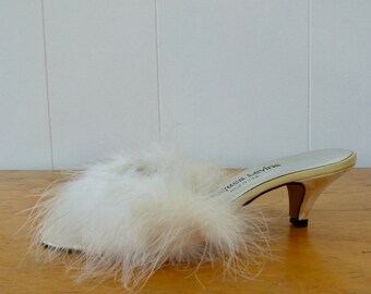 60's Jacques Levine Marabou Slippers Feather White Sexy Pin Up Mules Kitten Heels 8