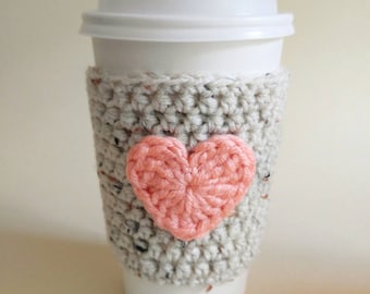 Coffee Cup Sleeve- Oatmeal and Coral Cozy - To Go Cup Sleeve - Reusable Coffee Sleeve - Heart Cozy - Teacher Gift