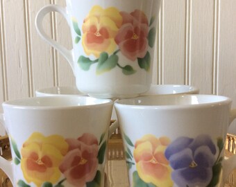 SALE..Vintage Set of 5 Corning " Summer Blush" Floral Coffee Cups/Mugs, Pansies, French Country, Cottage, Shabby Chic