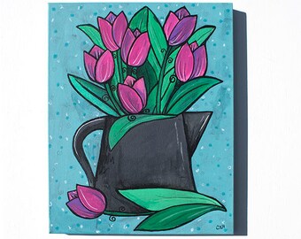 Pink Tulip Painting - Flowers in Watering Can Still Life - Original Mixed Media Painting by Claudine Intner - Bright Color Wall Art Decor