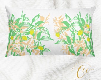 Lemon Plant Floral Fruit Cushion Pillow Cover, Green Yellow White Throw Decorative Garden Home Decor Cushion Pillow Cover, by Calm Cozy Chic