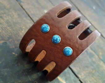 Trinity Men's Women's Native American Style Cuff Bracelet, Turquoise or Coral Leather Cuff, Wide Leather Cuff, Boho Tribal Festival Jewelry