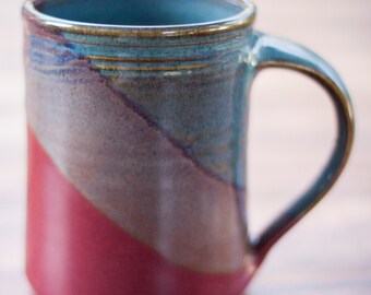Handmade Ceramic Coffee Mug -- Rasberry Red / Twilight blue hand thrown clay pottery mug -- Ceramic mug pottery coffee mug