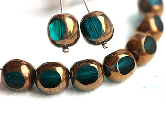 Lustered Dark teal beads, Czech Glass beads, round cut, large faceted beads, 10mm - 10Pc - 2841