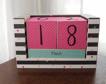 Perpetual Wooden Block Calendar - Black and White Stripes and Tutti Frutti Confetti Party Polka Dots