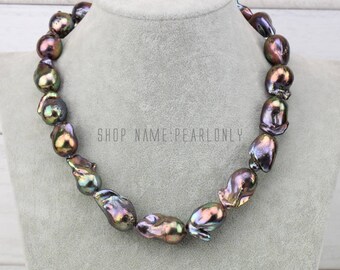 13-15mm black color large baroque pearl necklace,jumbo flameball pearl necklace,fireball nucleated pearl necklace,freshwater pearl necklace