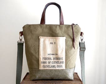 Military waxed canvas, bank sack crossbody tote bag - Federal Reserved Bank of Cleveland Ohio - eco vintage fabrics